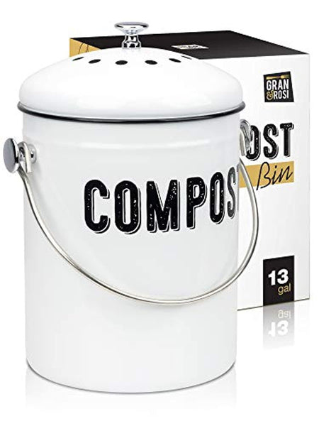 Granrosi Kitchen Compost Bin Countertop, Indoor Compost Bin with Lid, 100%  Rust Proof Compost Bucket w/Non-Smell Charcoal Filters, 1.3 Gallon - White