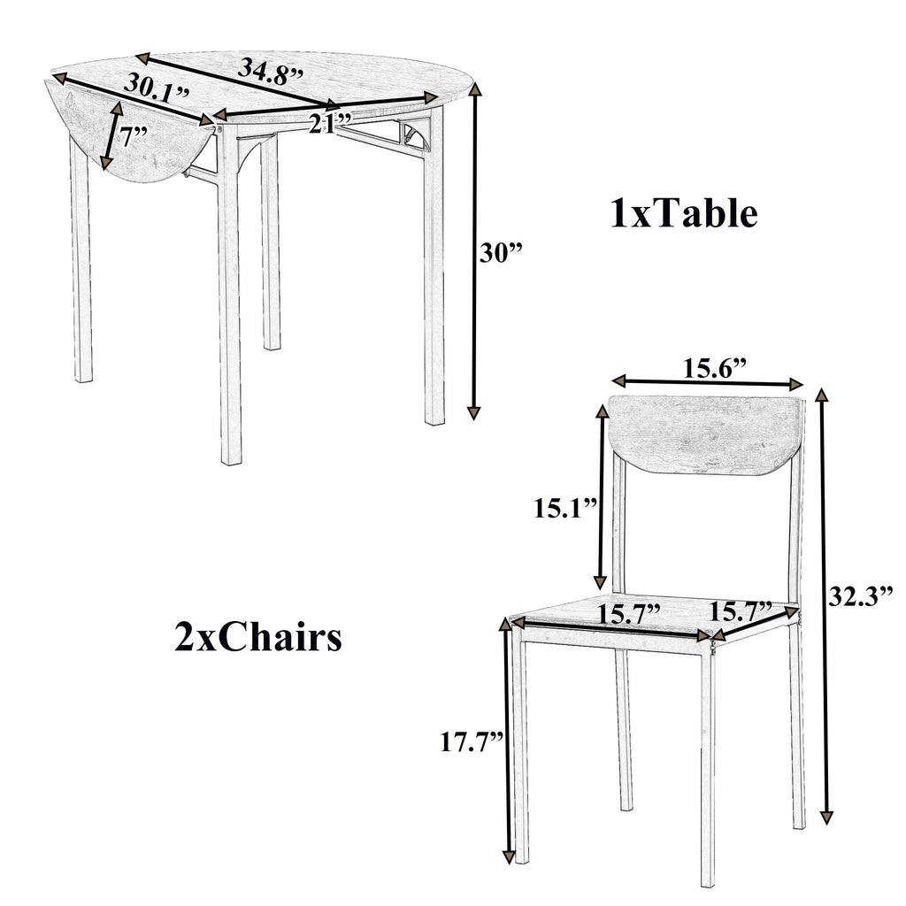 Modern 3-Piece Round Dining Table Set W/Drop Leaf and 2 Chairs for Small Places