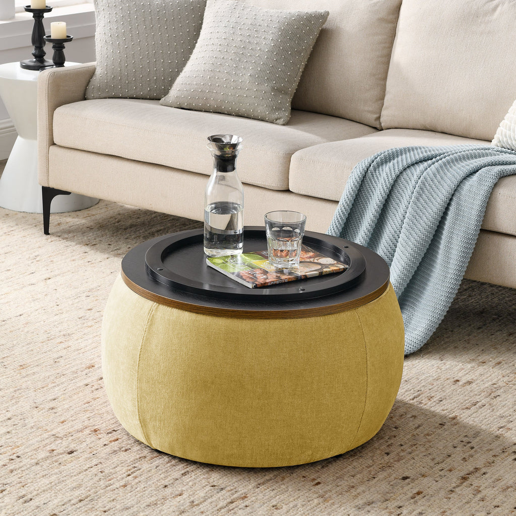 Round Storage Ottoman, 2 in 1 Function, Work as End Table and Ottoman,  Yellow