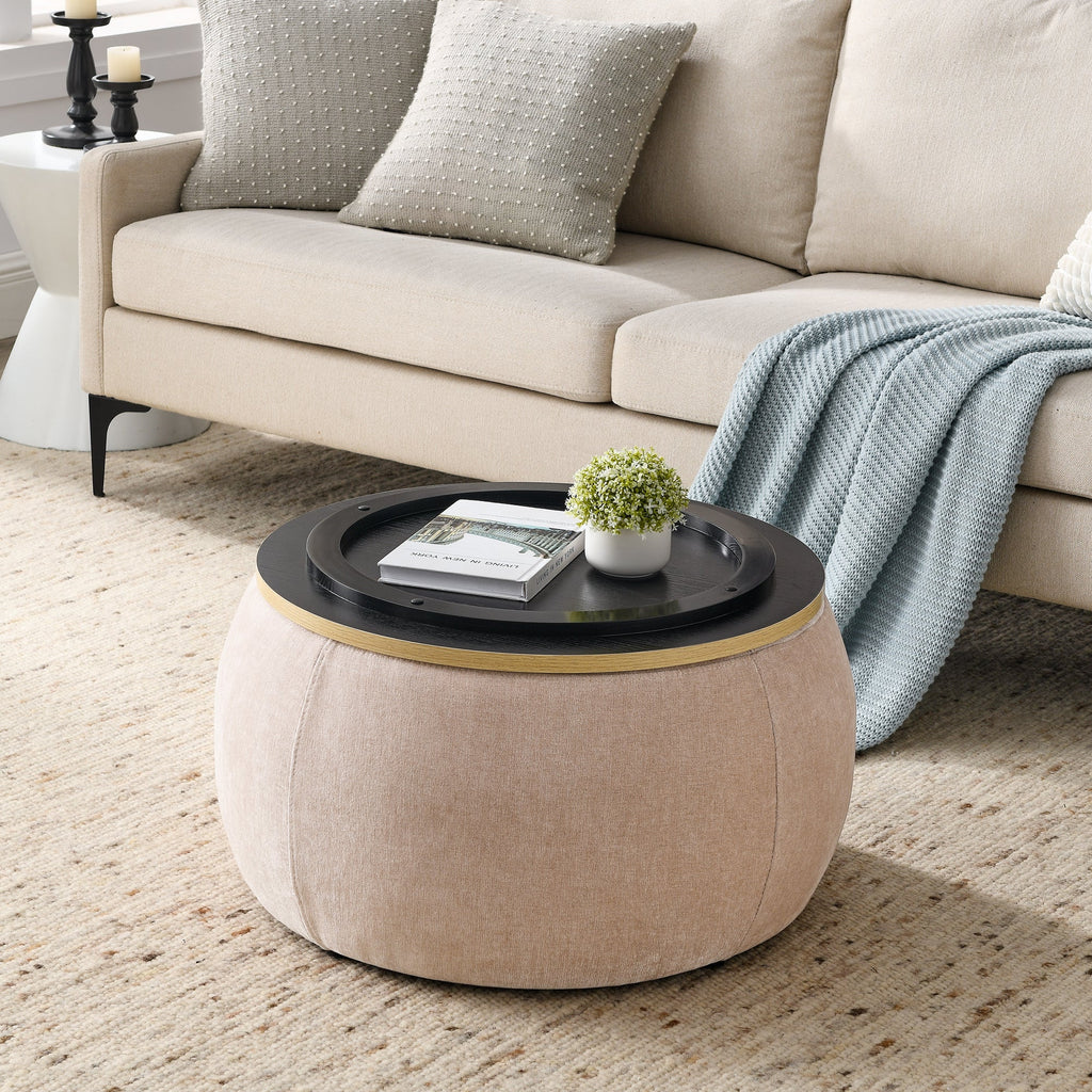 Round Storage Ottoman, 2 in 1 Function, End Table and Ottoman,  Pink 25.5 inches