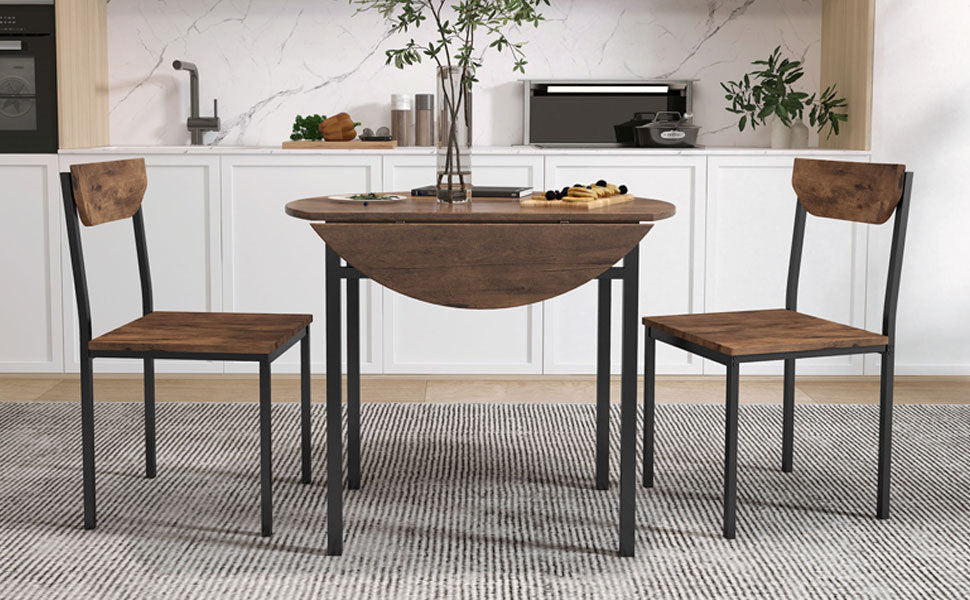 Modern 3-Piece Round Dining Table Set W/Drop Leaf and 2 Chairs for Small Places