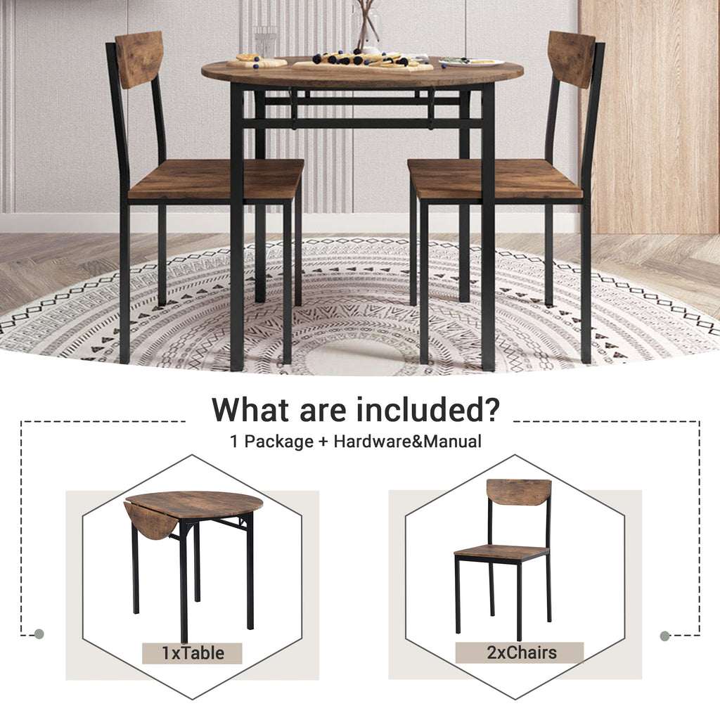 Modern 3-Piece Round Dining Table Set W/Drop Leaf and 2 Chairs for Small Places