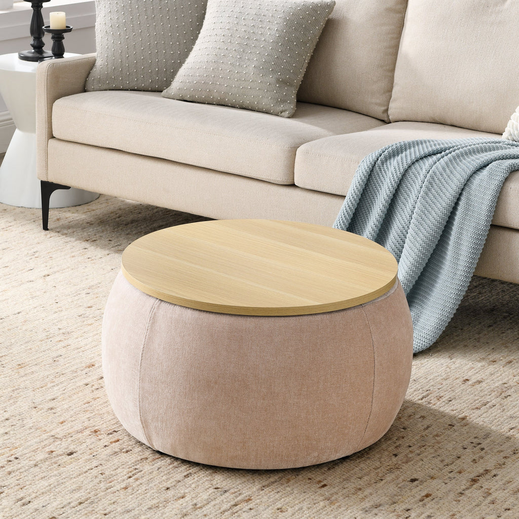 Round Storage Ottoman, 2 in 1 Function, End Table and Ottoman,  Pink 25.5 inches