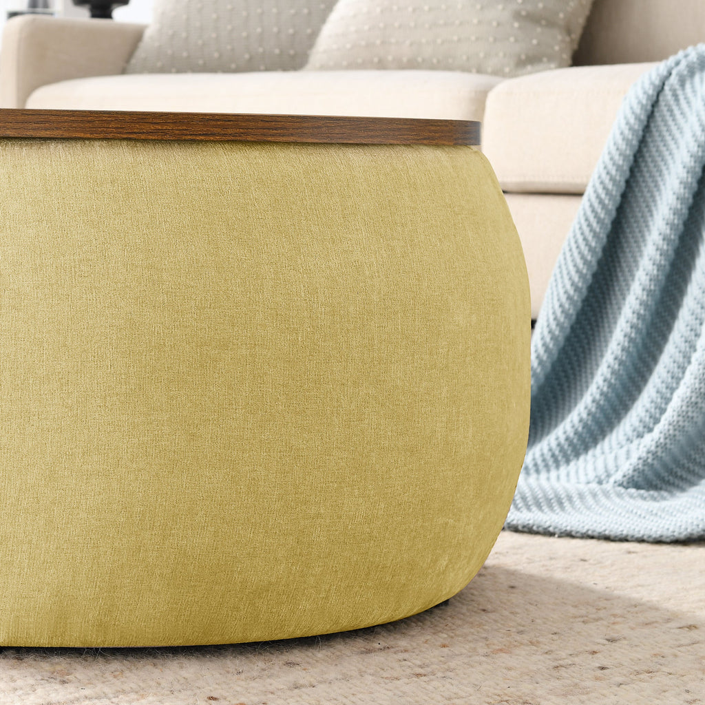 Round Storage Ottoman, 2 in 1 Function, Work as End Table and Ottoman,  Yellow