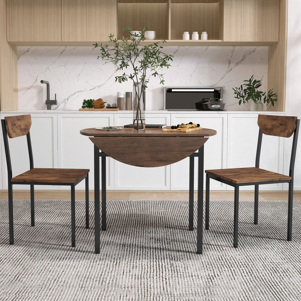 Modern 3-Piece Round Dining Table Set W/Drop Leaf and 2 Chairs for Small Places