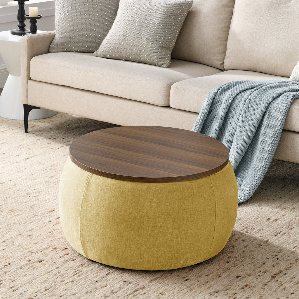 Round Storage Ottoman, 2 in 1 Function, Work as End Table and Ottoman,  Yellow