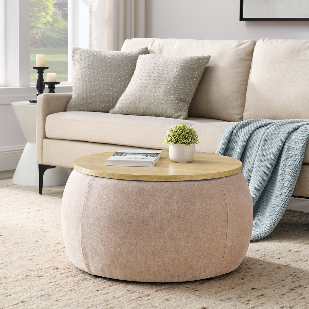 Round Storage Ottoman, 2 in 1 Function, End Table and Ottoman,  Pink 25.5 inches