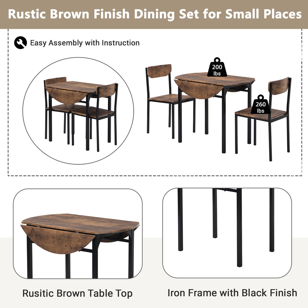 Modern 3-Piece Round Dining Table Set W/Drop Leaf and 2 Chairs for Small Places