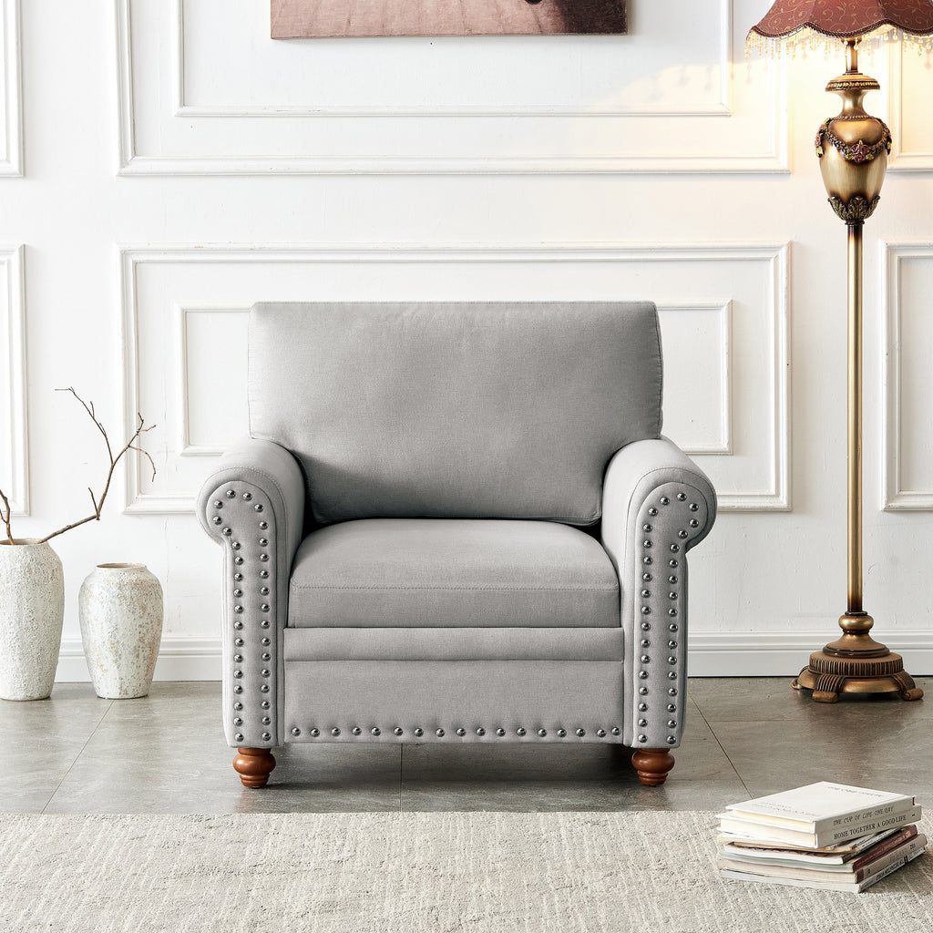 Gray Living Room Chair With Wood Legs Fabric Apholstry