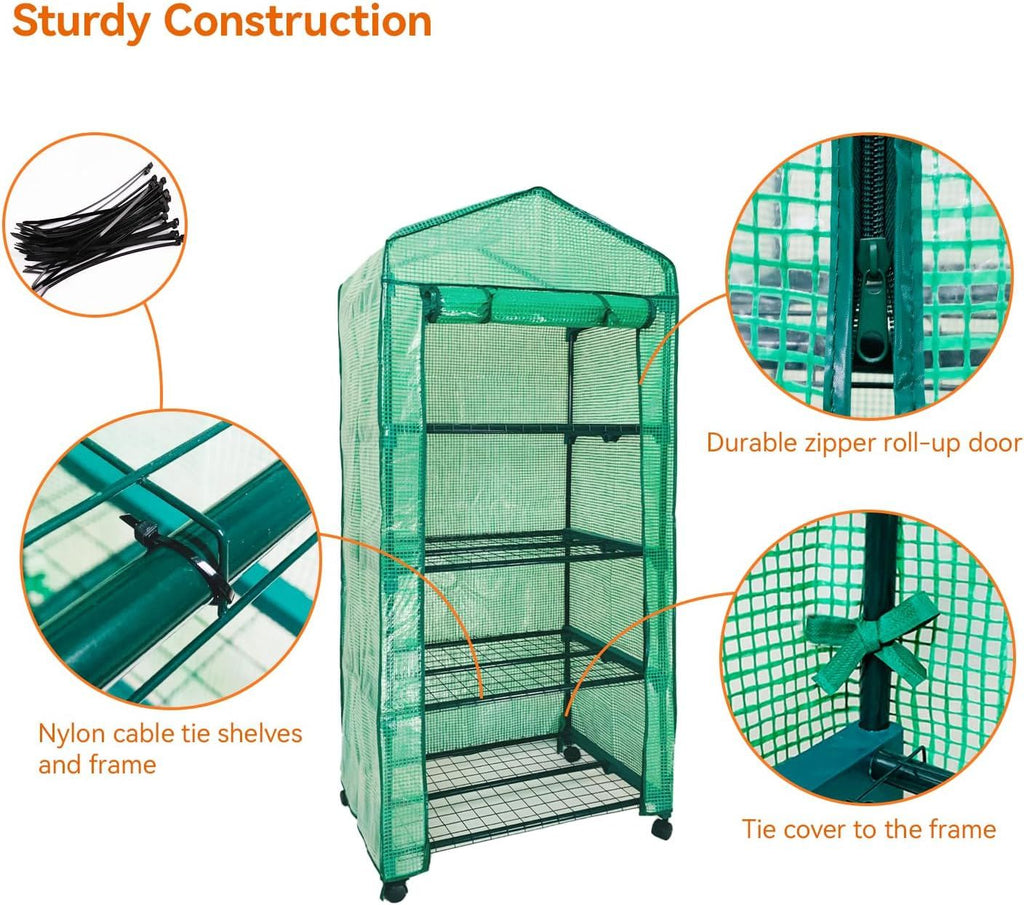 Mini Greenhouse,4 Tier Small Portable Greenhouses Kit With Caster Wheels