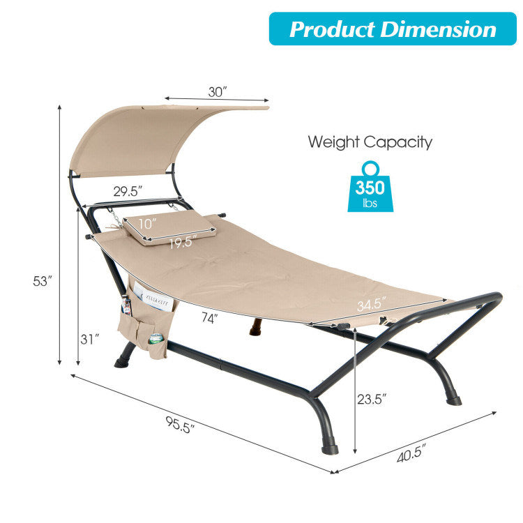 Patio Hanging Chaise Lounge Chair With Canopy Cushion Pillow and Storage Bag