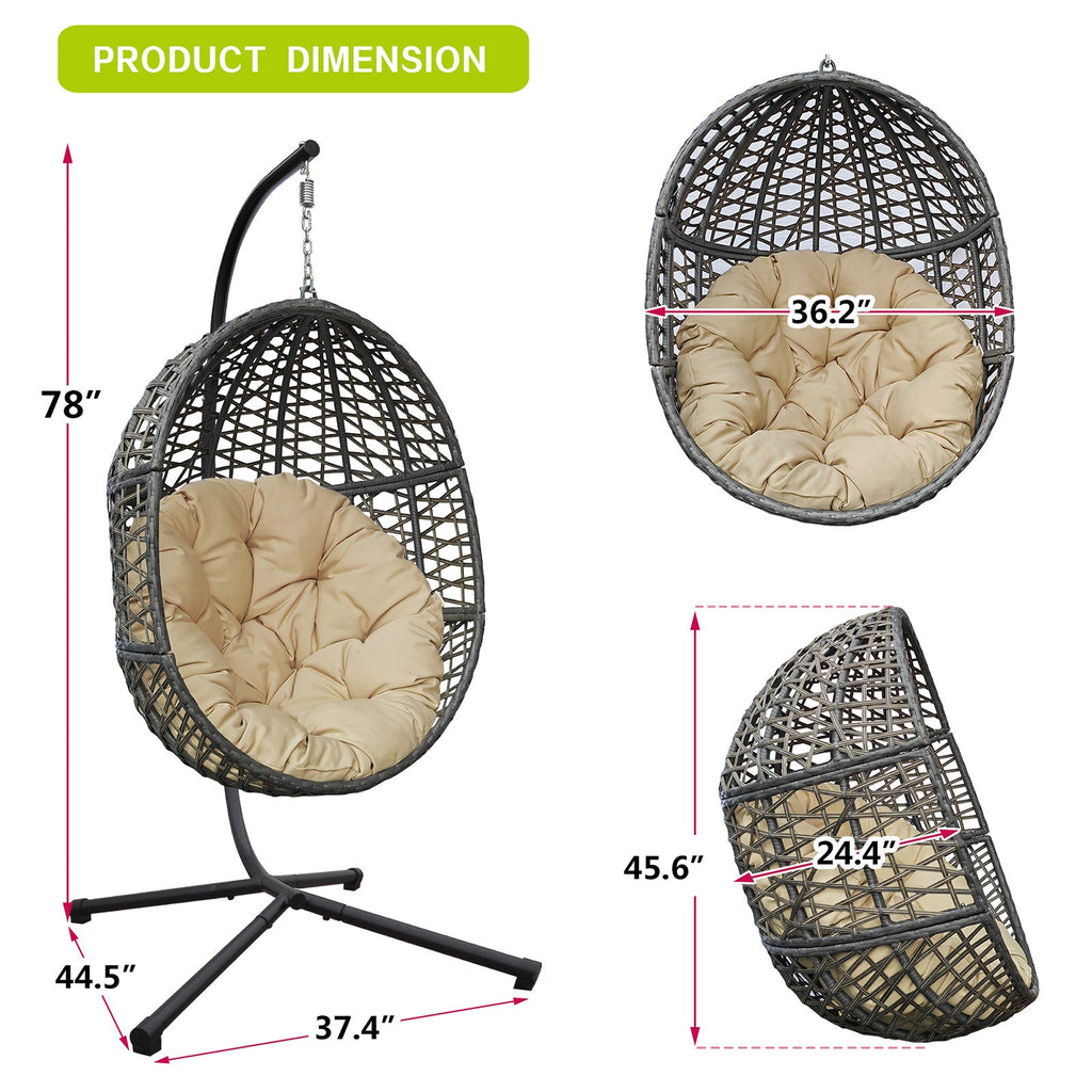 Wicker Hanging Chair with Stand and Waterproof Cushion for Outdoor or Indoor