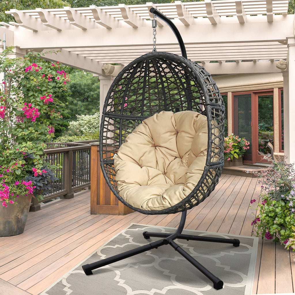 Wicker Hanging Chair with Stand and Waterproof Cushion for Outdoor or Indoor