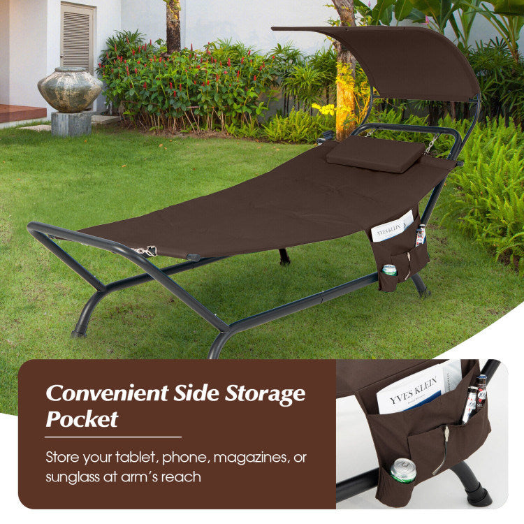 Patio Hanging Chaise Lounge Chair With Canopy Cushion Pillow and Storage Bag