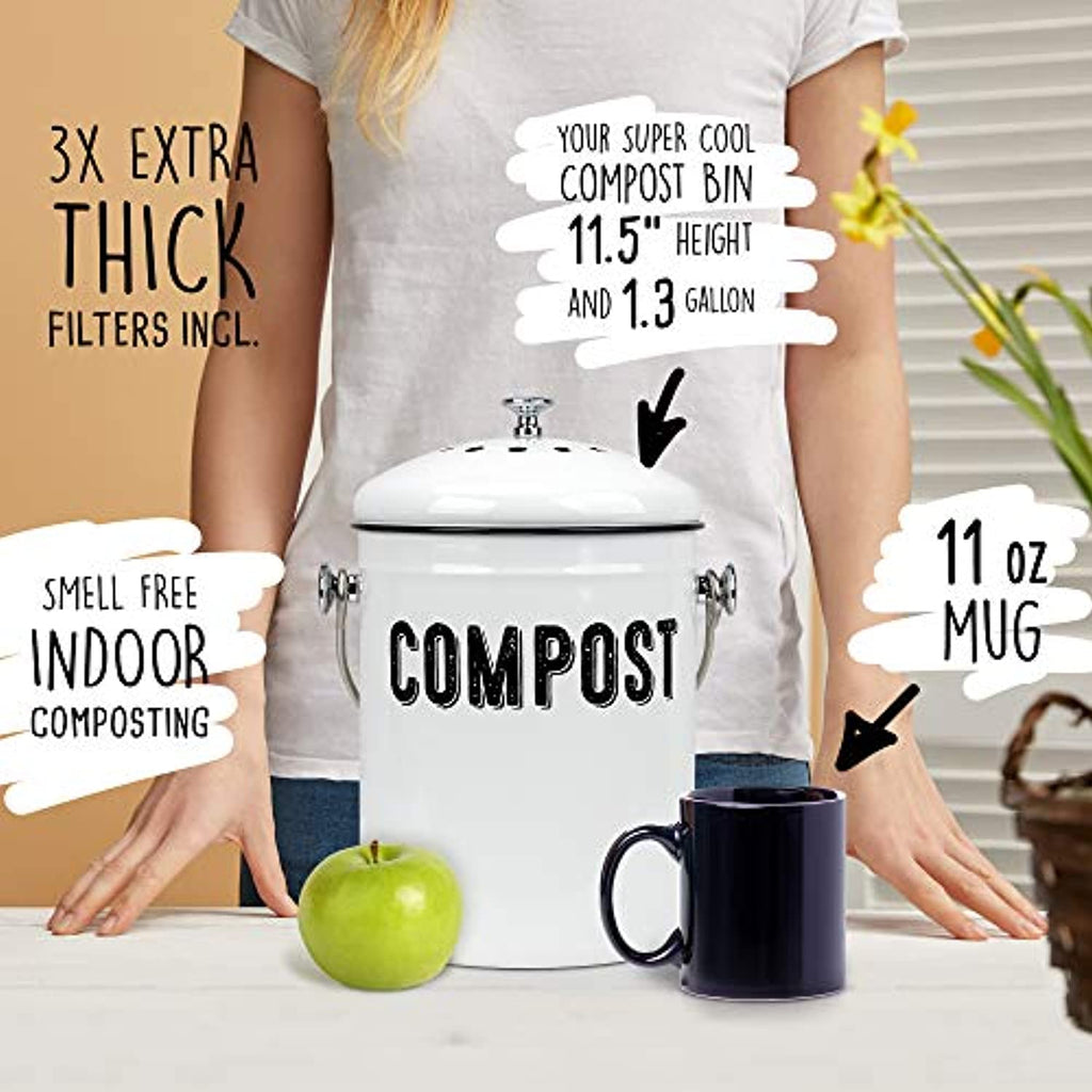AuldHome White Enamelware Compost Bin, Farmhouse Can Set with Lid and Charcoal  Filters, 1.3 Gallon